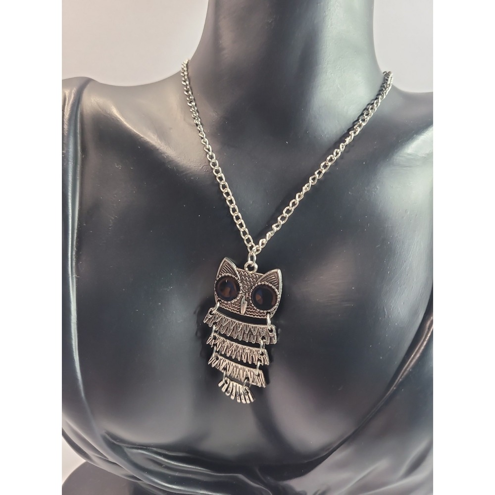 Silver Tone Articulated Owl Pendant Necklace Black Eyes Boho Statement Jewelry - Picture 3 of 9